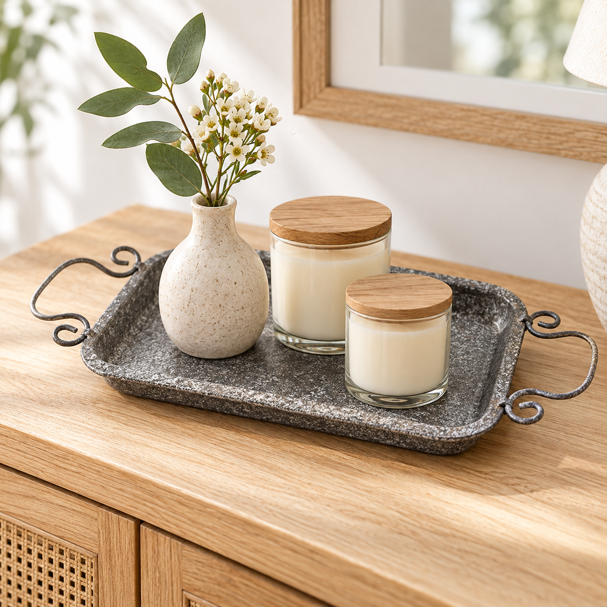 Grey textured iron tray with two curled handles; scene props and serving plates not included
