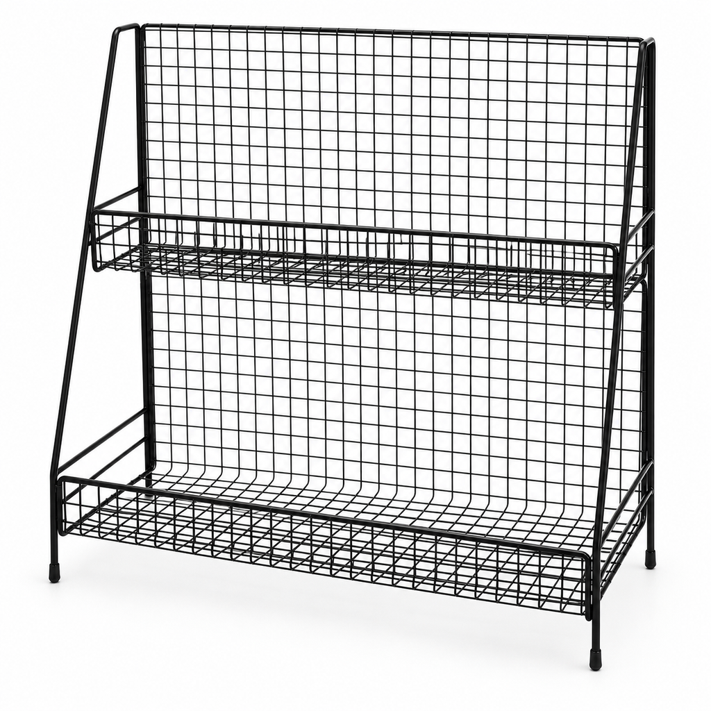Black two-tier wire storage rack; storage contents and props not included