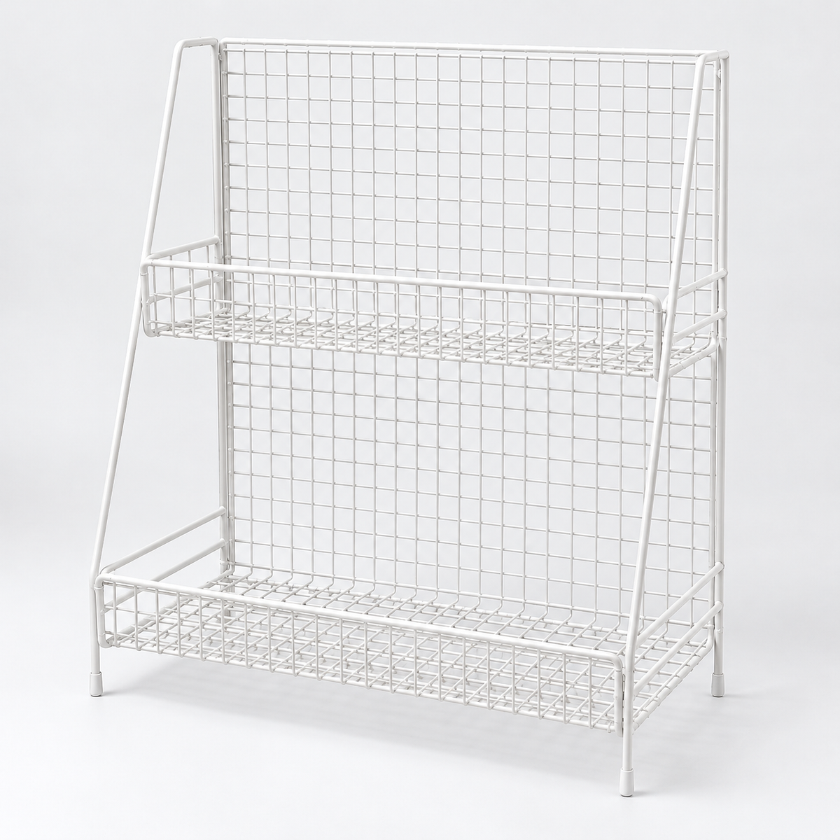 White two-tier wire storage rack; storage contents and props not included