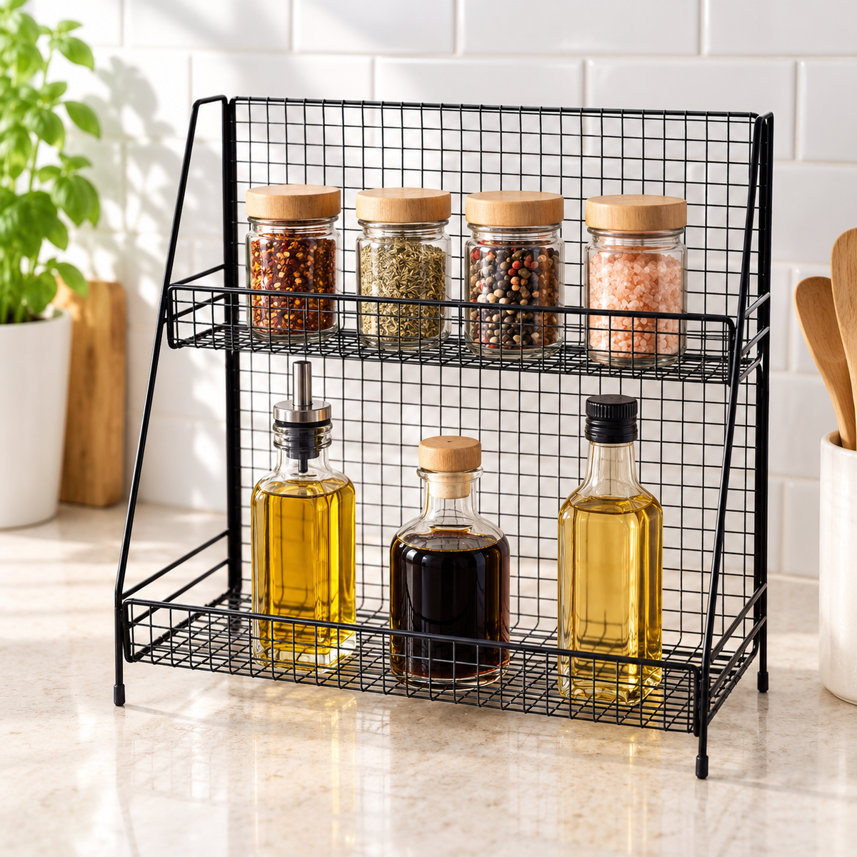 Black two-tier wire storage rack; storage contents and props not included