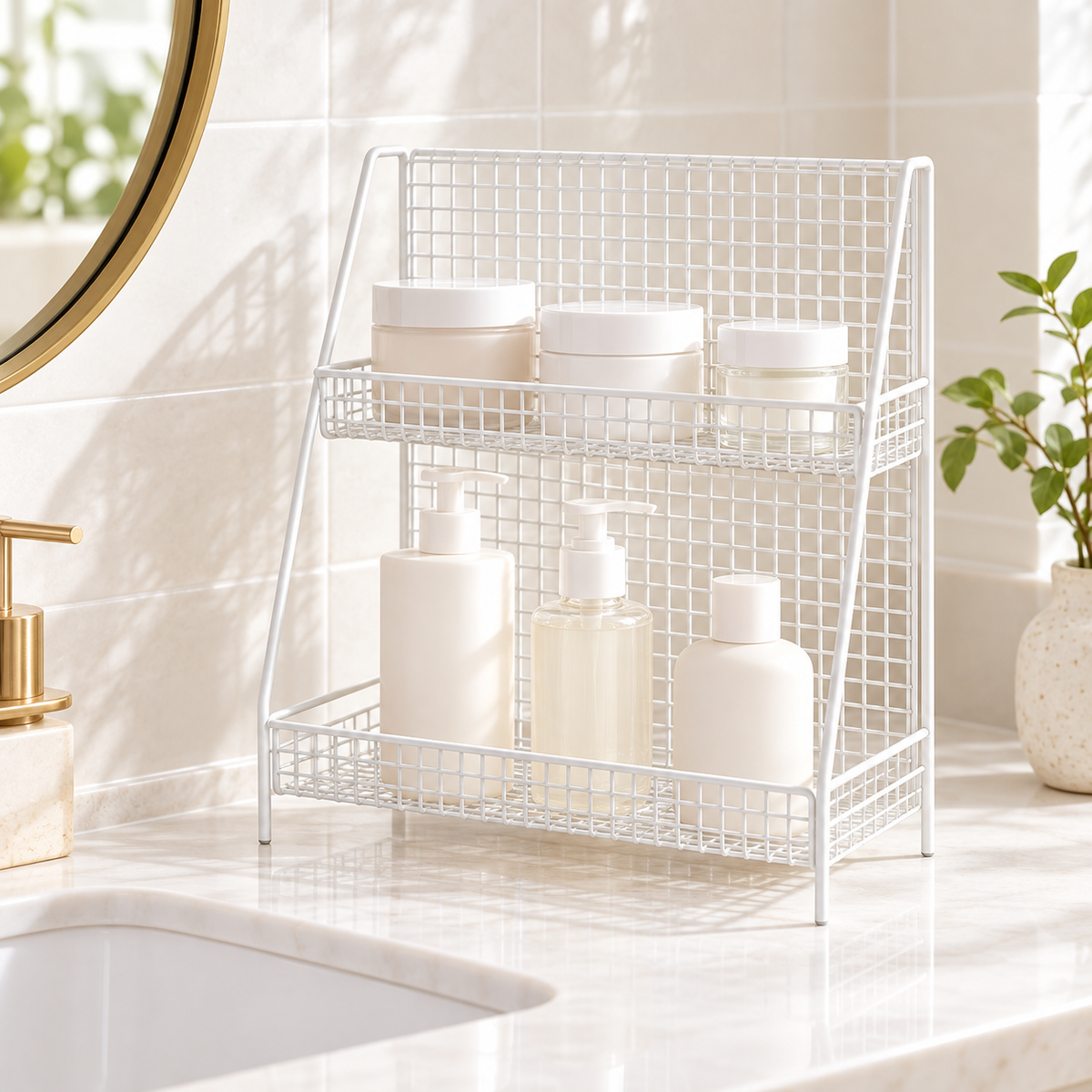 White two-tier wire storage rack; storage contents and props not included