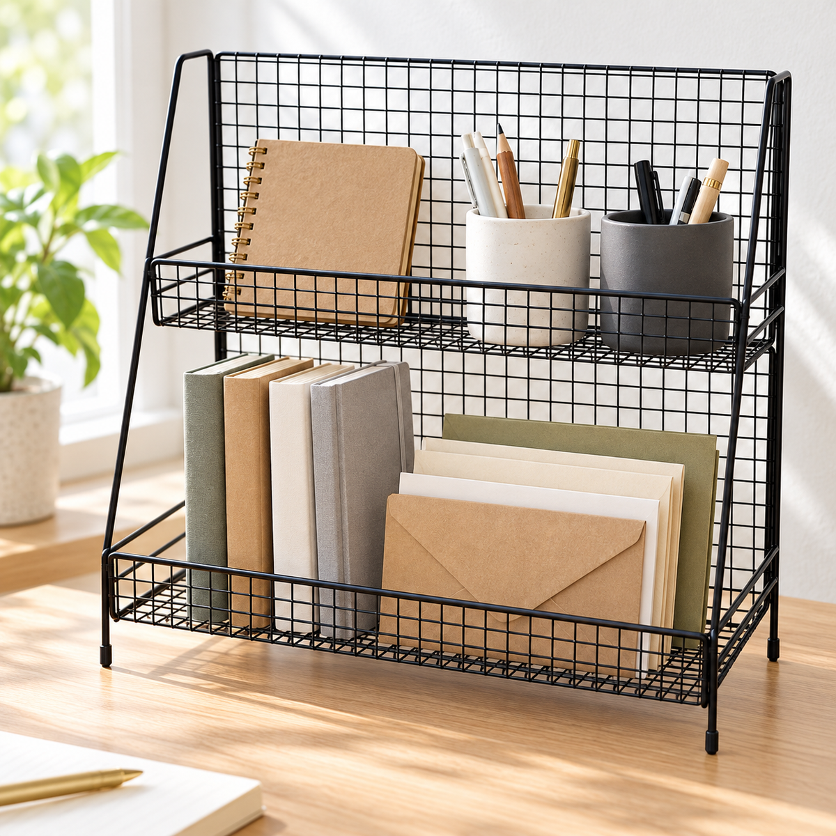 Black two-tier wire storage rack; storage contents and props not included