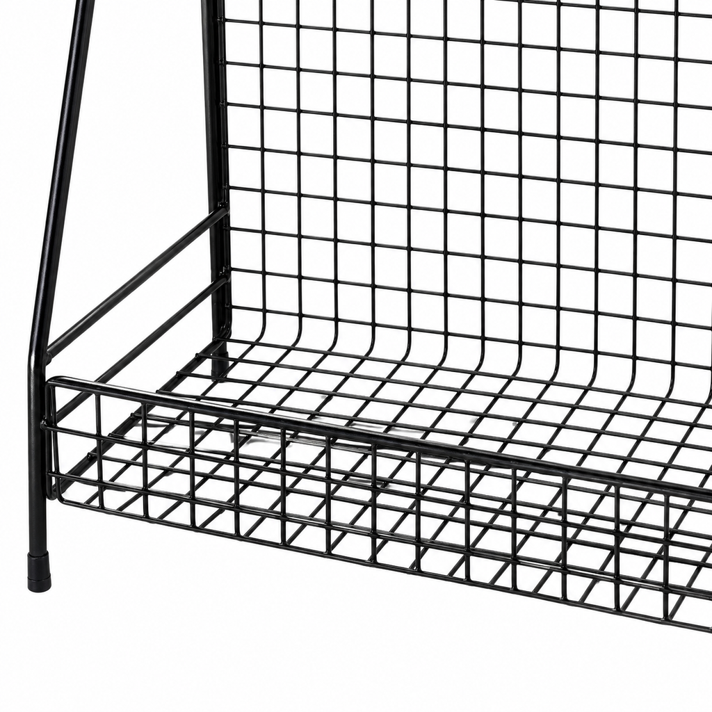 Black two-tier wire storage rack; storage contents and props not included