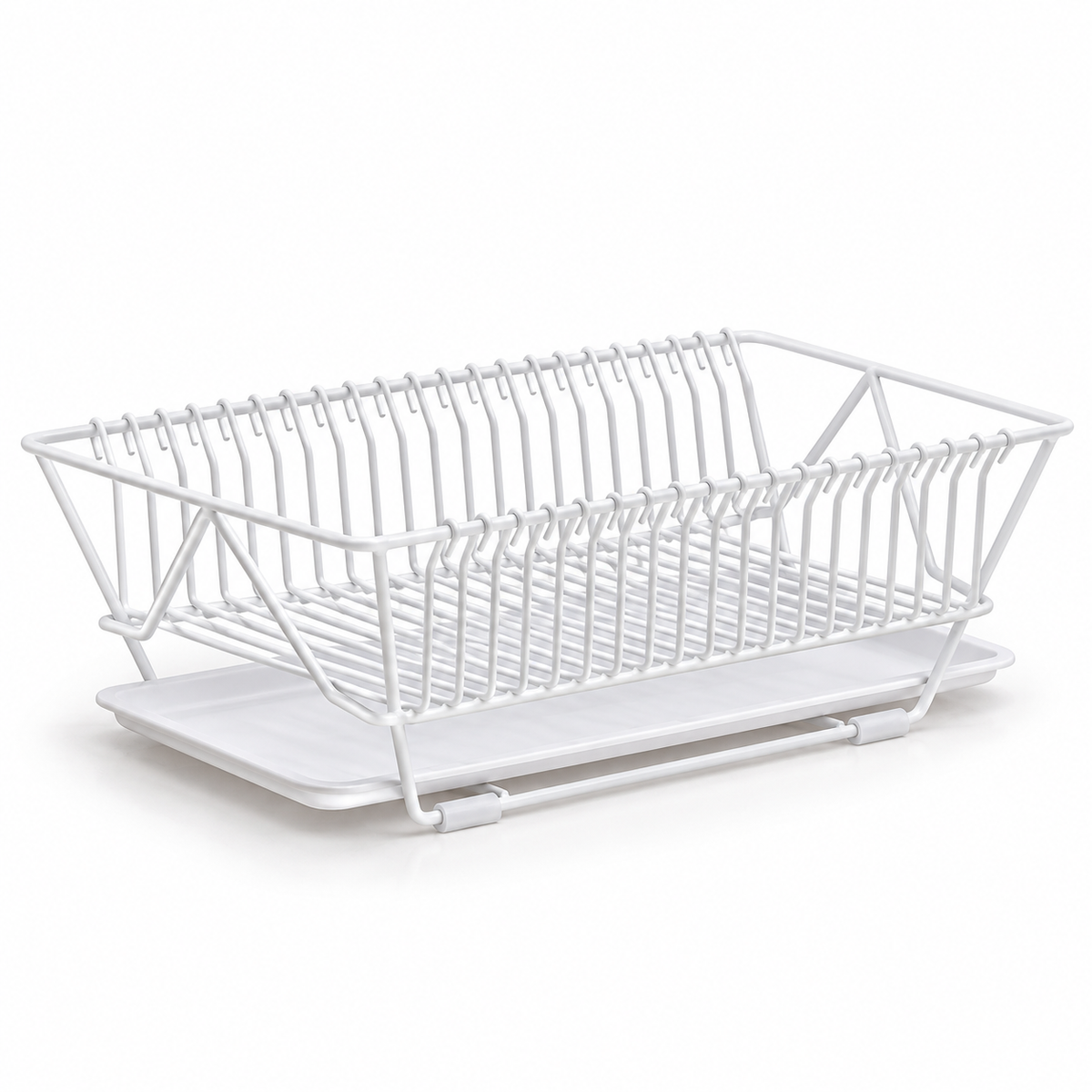 White wire dish drying rack with matching drip tray; dishes and props not included
