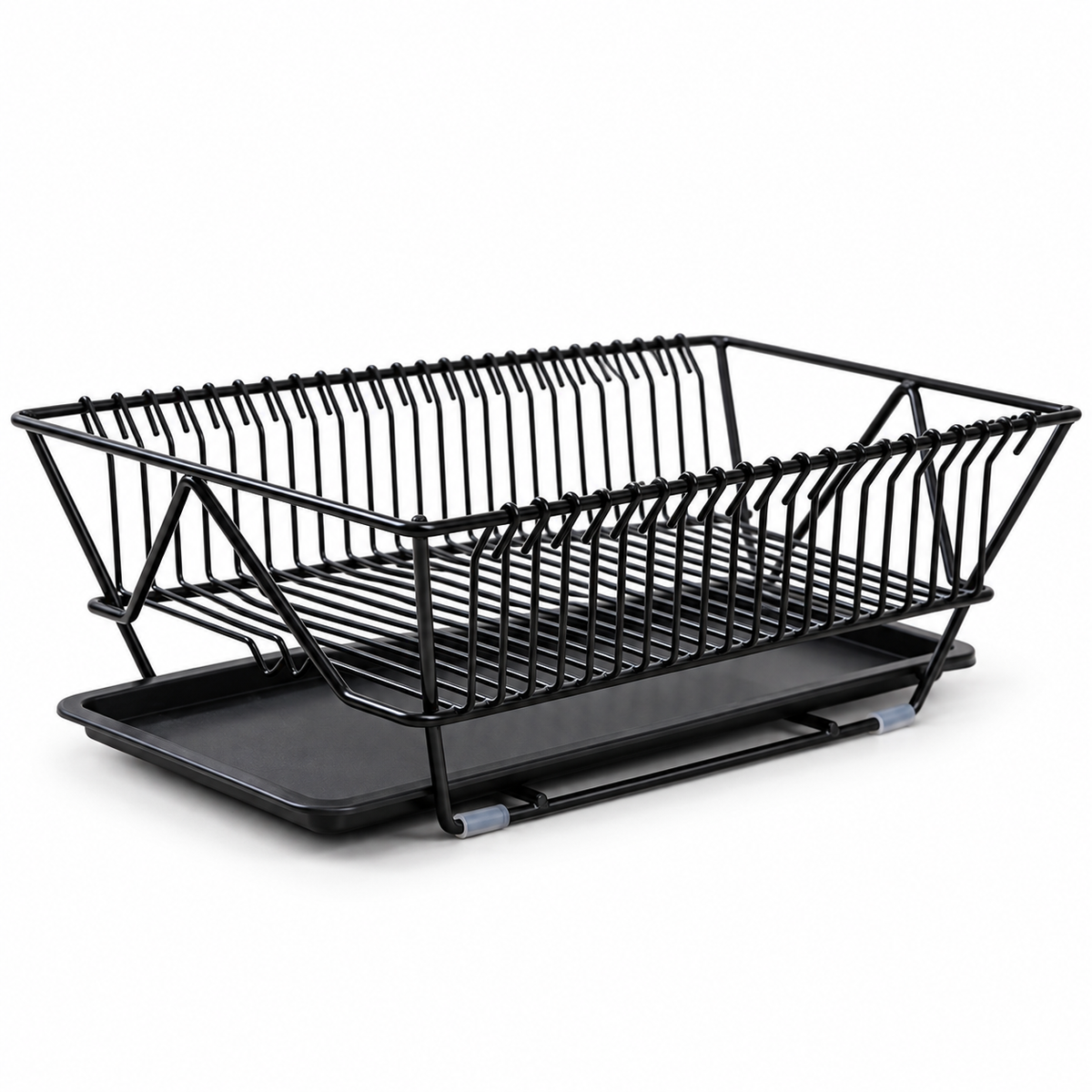 Black wire dish drying rack with matching drip tray; dishes and props not included
