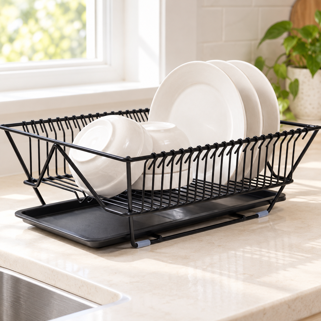 Black wire dish drying rack with matching drip tray; dishes and props not included