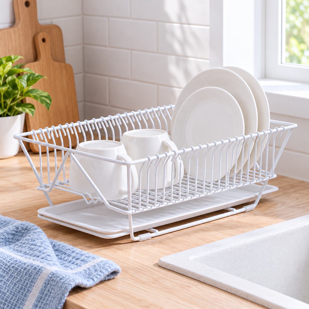 White wire dish drying rack with matching drip tray; dishes and props not included