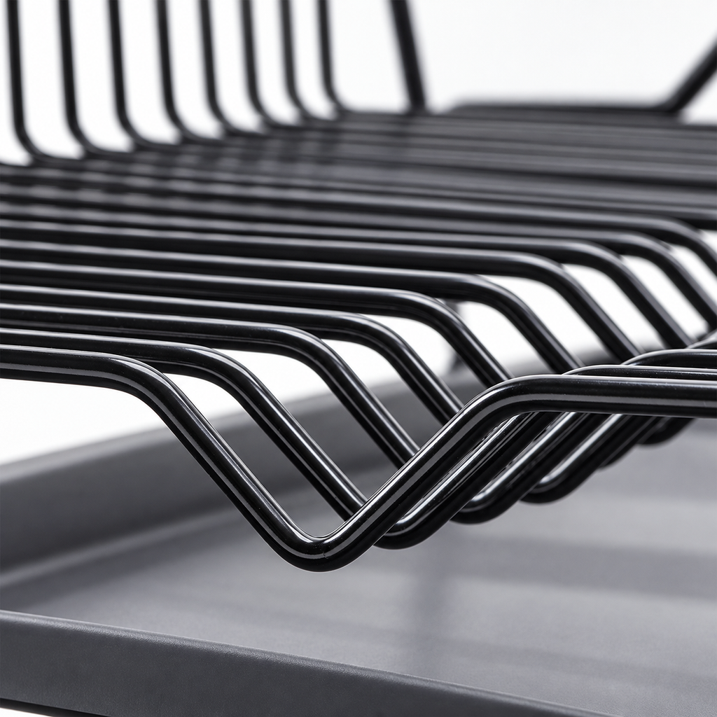 Black wire dish drying rack with matching drip tray; dishes and props not included