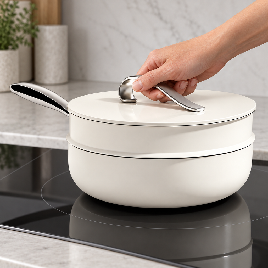 Hand holding curved silver handle with white cookware lid fully closed