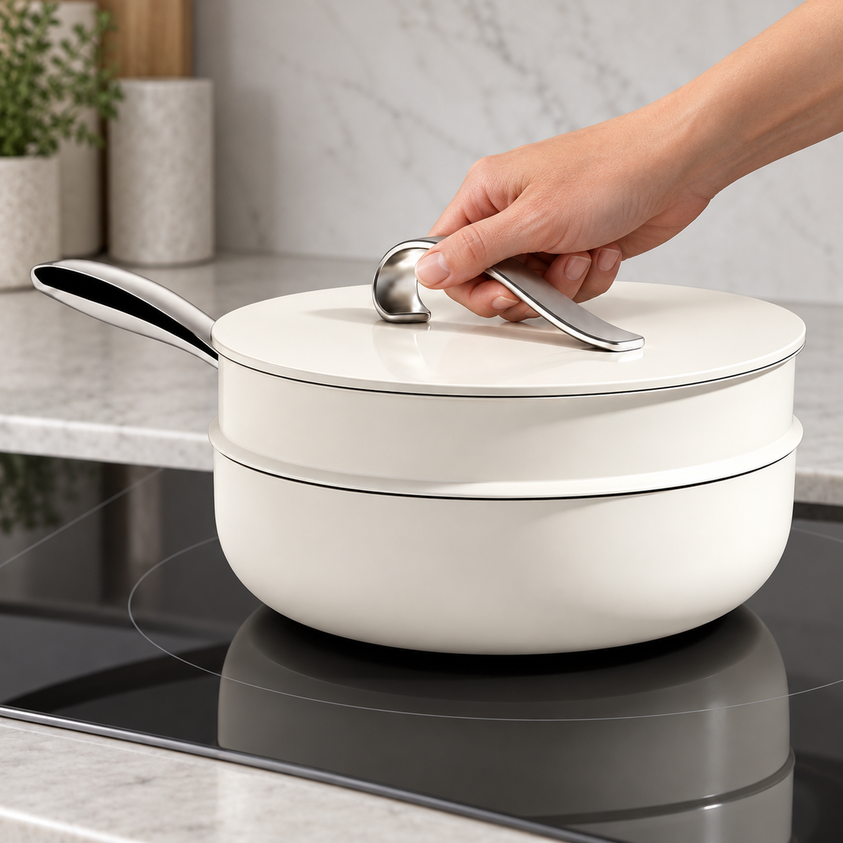 Hand holding curved silver handle with white cookware lid fully closed