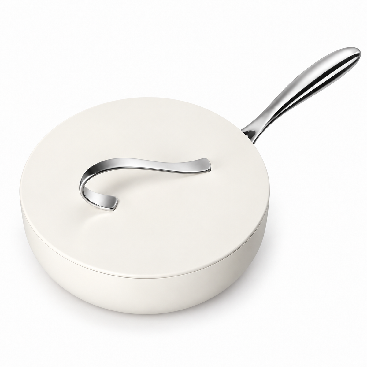 Higher-angle view of closed white standalone wok on white background