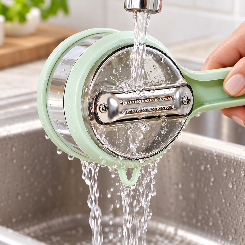 Assembled mint peeler working face being rinsed under tap