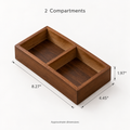Walnut-finish bamboo 2-compartment snack tray, approximate dimensions 8.27" x 4.45" x 1.97"