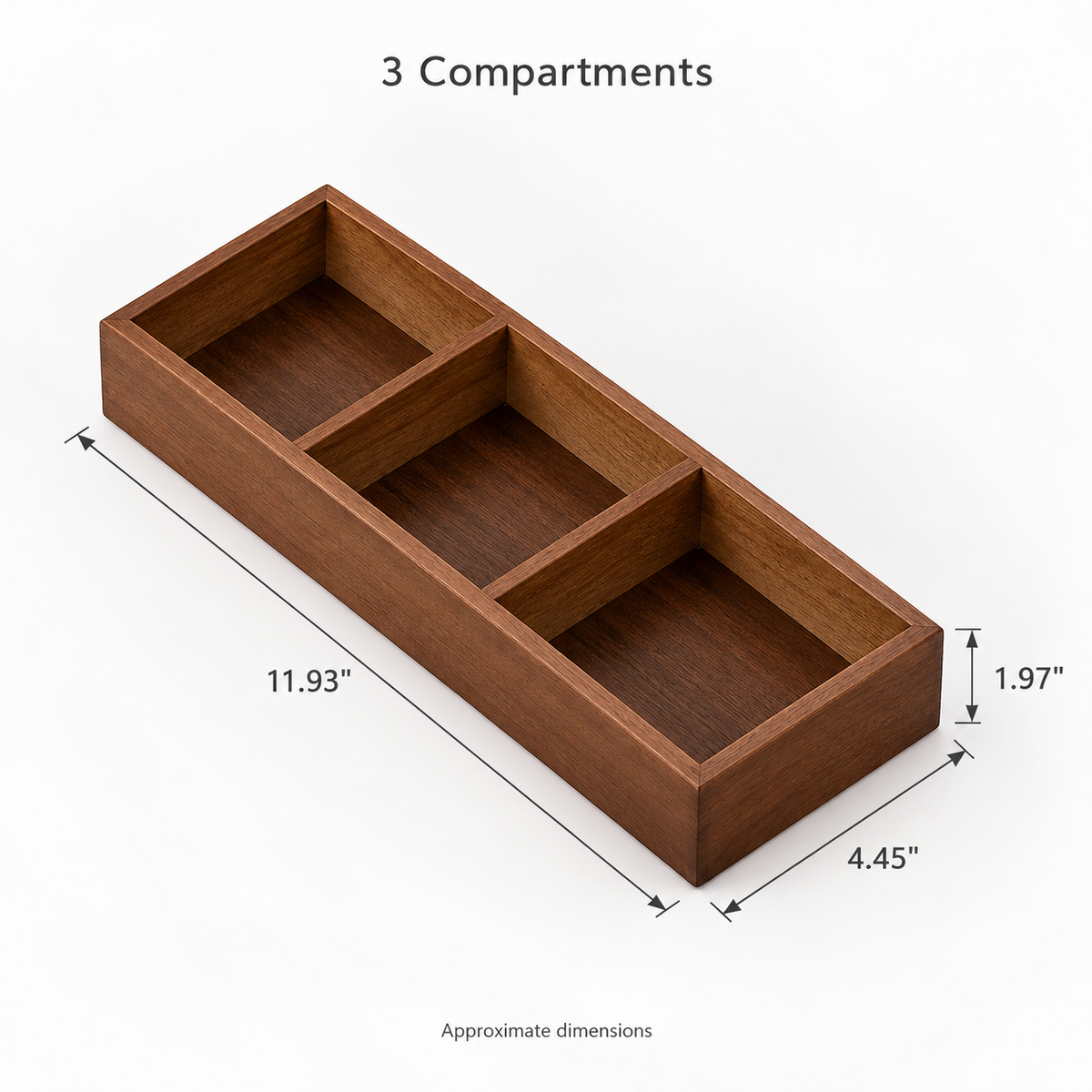 Walnut-finish bamboo 3-compartment snack tray, approximate dimensions 11.93" x 4.45" x 1.97"