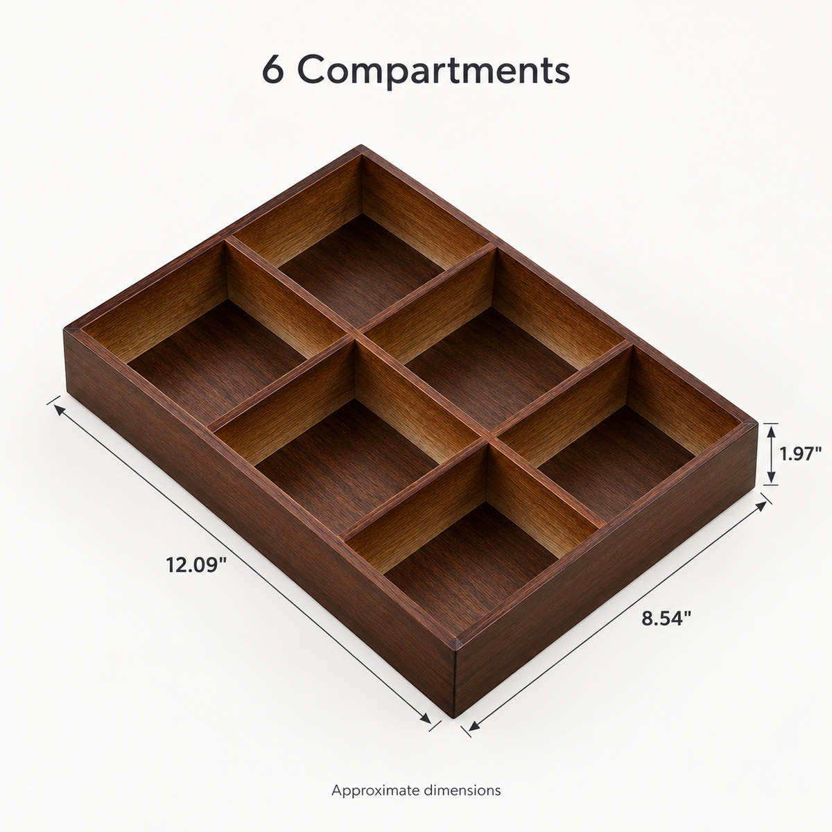 Walnut-finish bamboo 6-compartment snack tray, approximate dimensions 12.09" x 8.54" x 1.97"