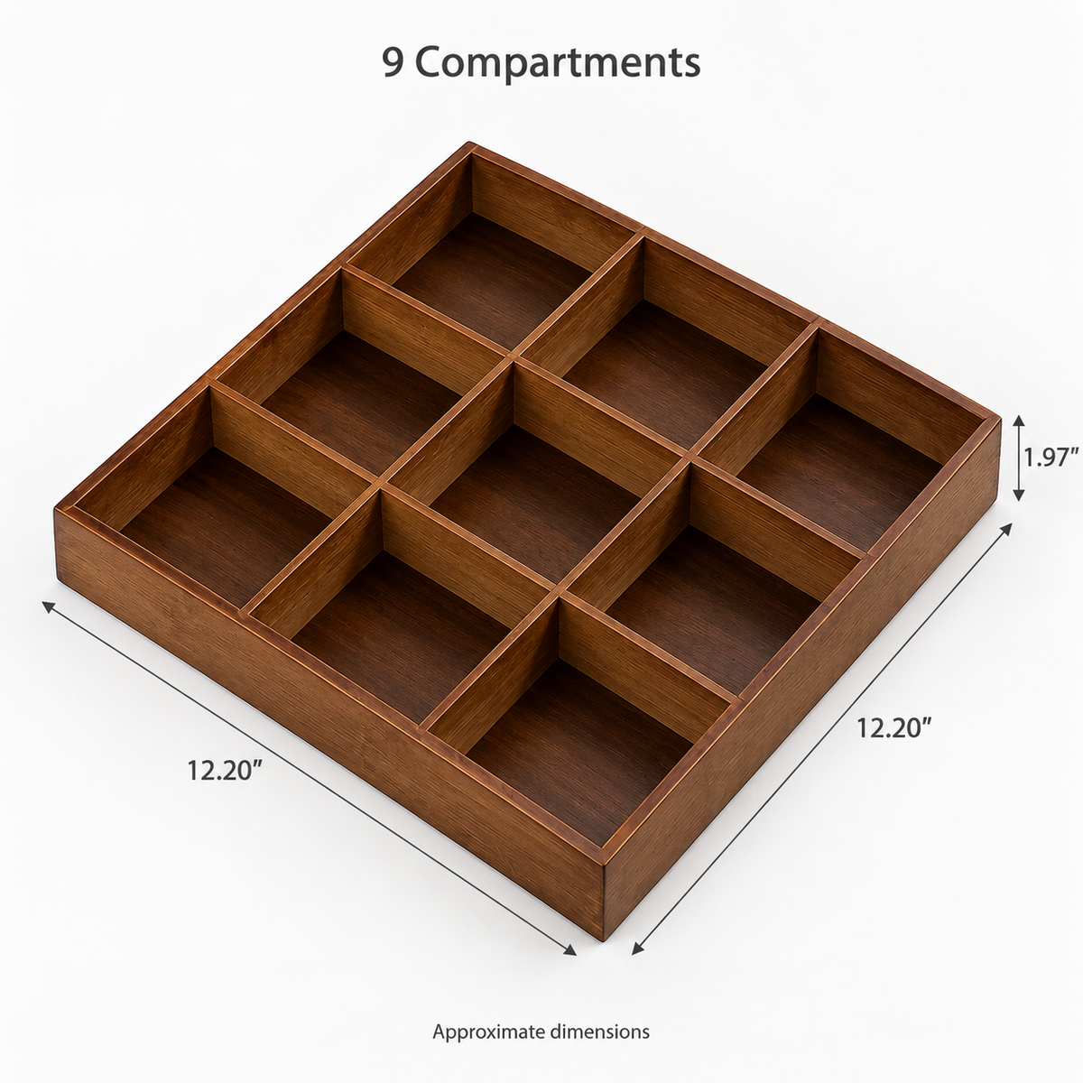 Walnut-finish bamboo 9-compartment snack tray, approximate dimensions 12.20" x 12.20" x 1.97"