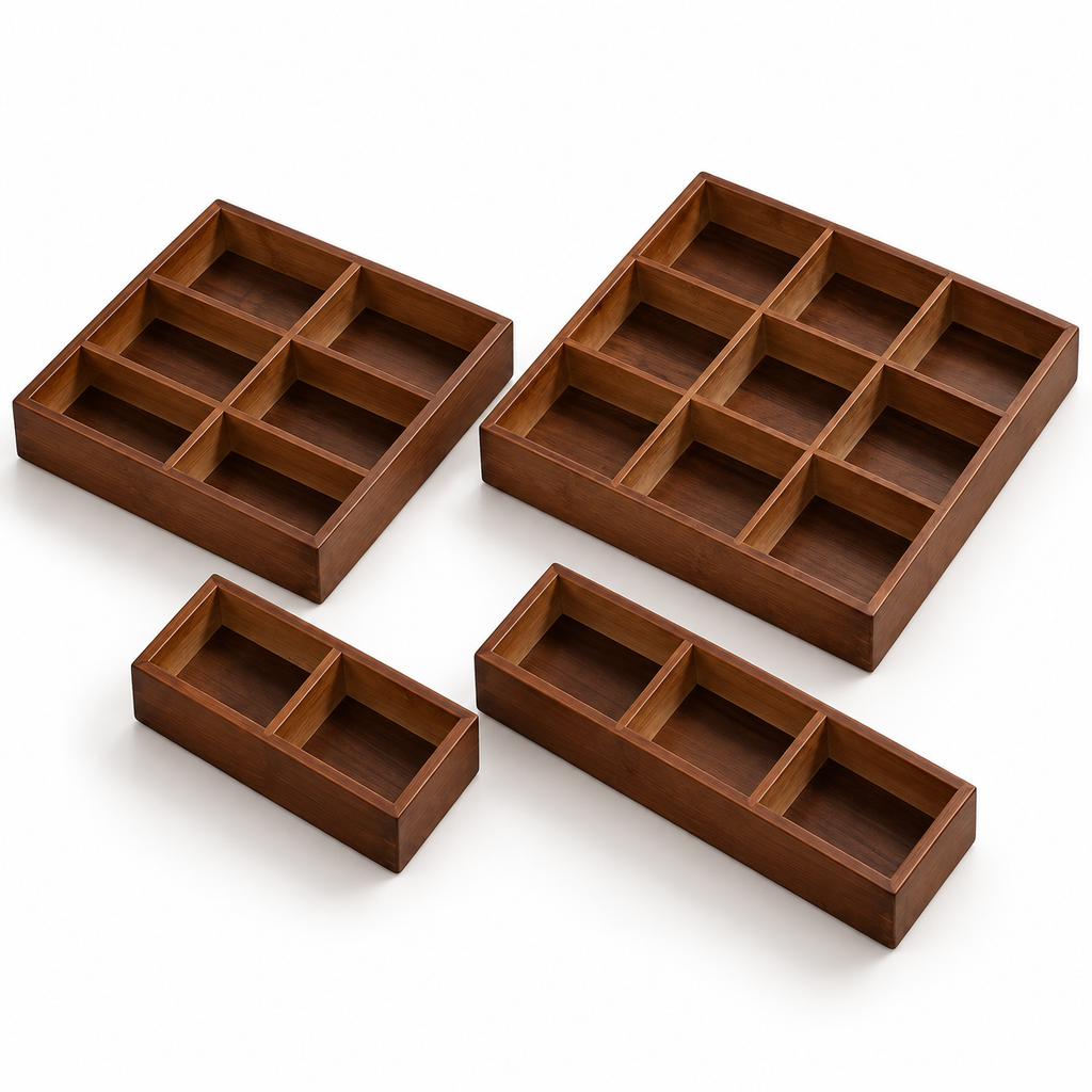 Two-, three-, six- and nine-compartment bamboo tray options shown together; sold individually by selected variant