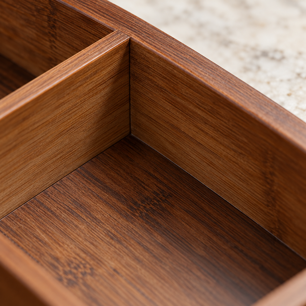 Close-up of walnut-finish bamboo compartment tray divider, inner corner and grain