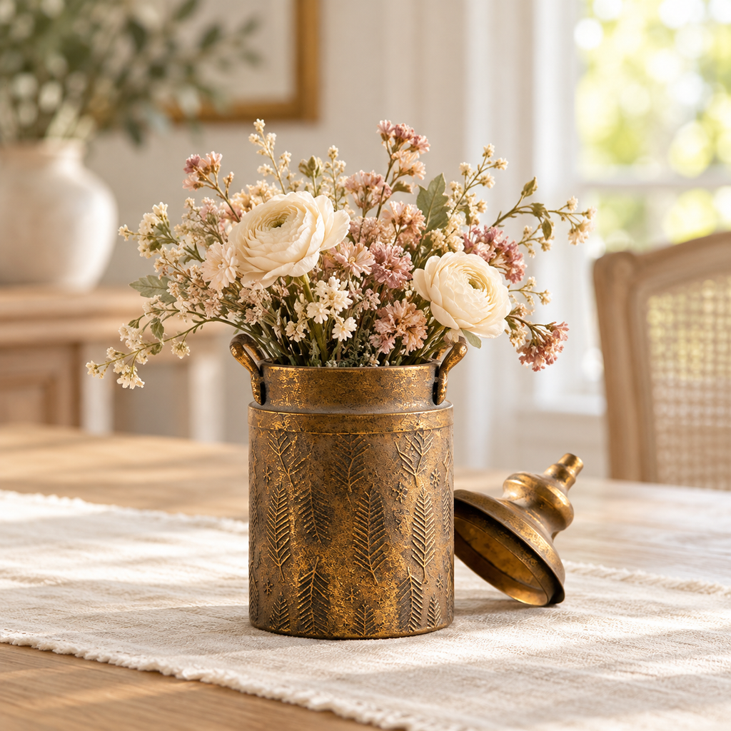Small antique-tone decorative urn with a flower arrangement on a dining table, lid placed beside