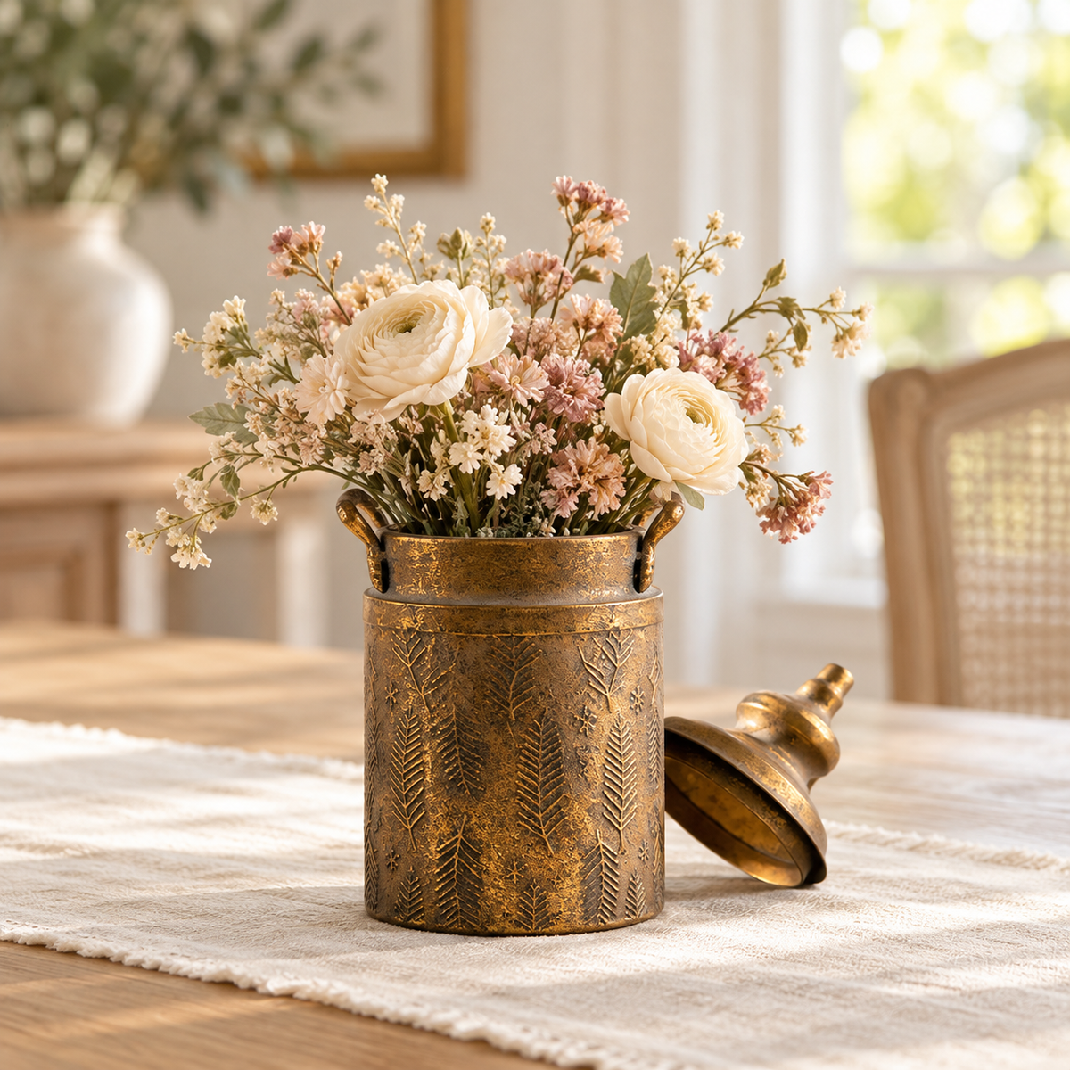 Small antique-tone decorative urn with a flower arrangement on a dining table, lid placed beside
