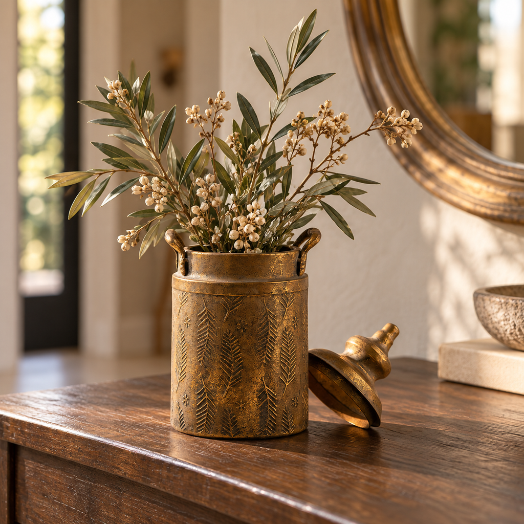 Small antique-tone decorative urn with branches on an entryway console, lid placed beside