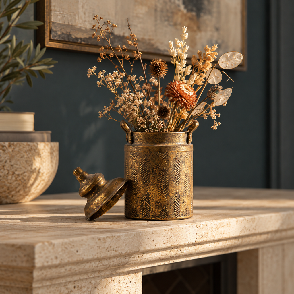 Small antique-tone decorative urn with dried flowers on a fireplace mantel, lid placed beside