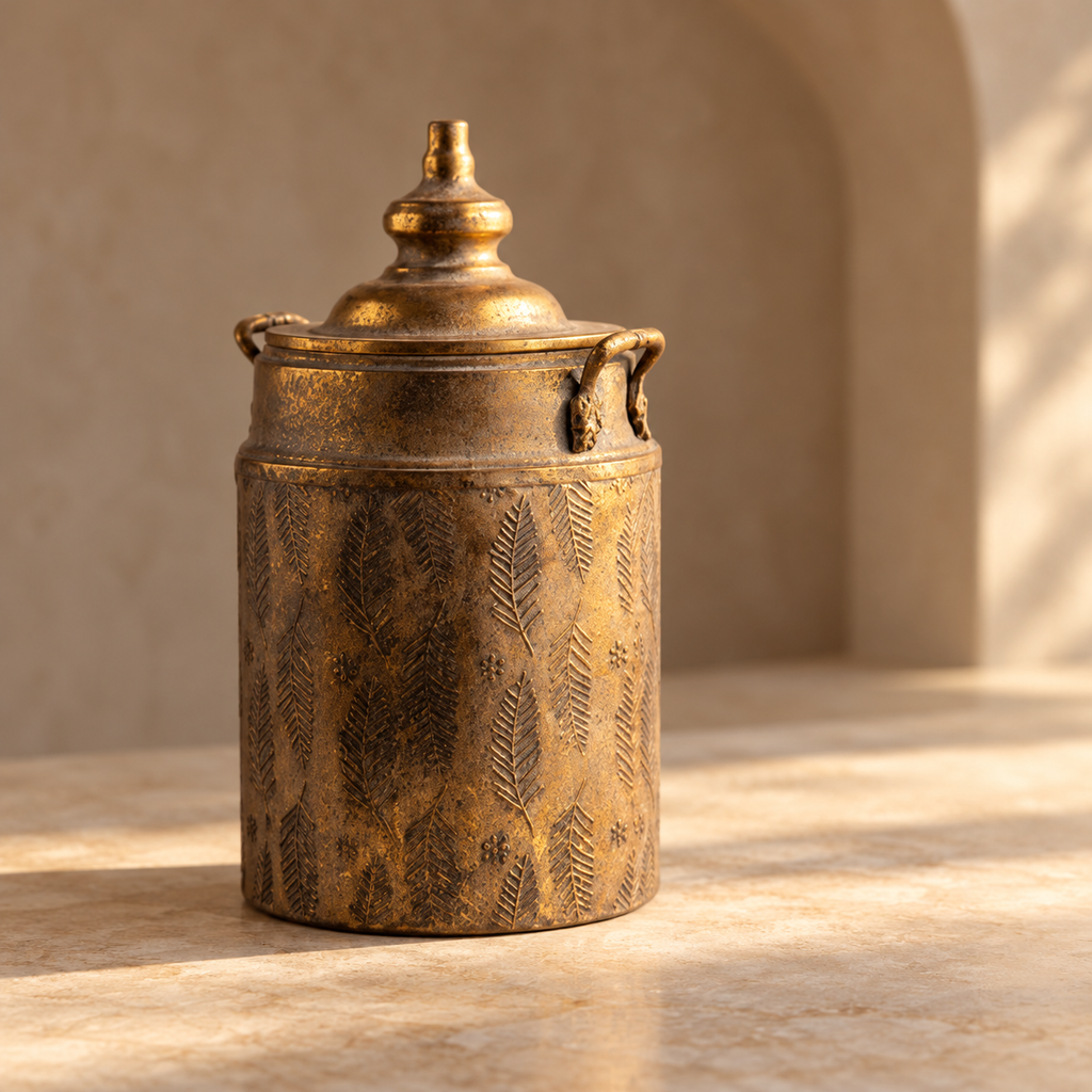Tall antique-tone decorative lidded urn in a warm indoor setting