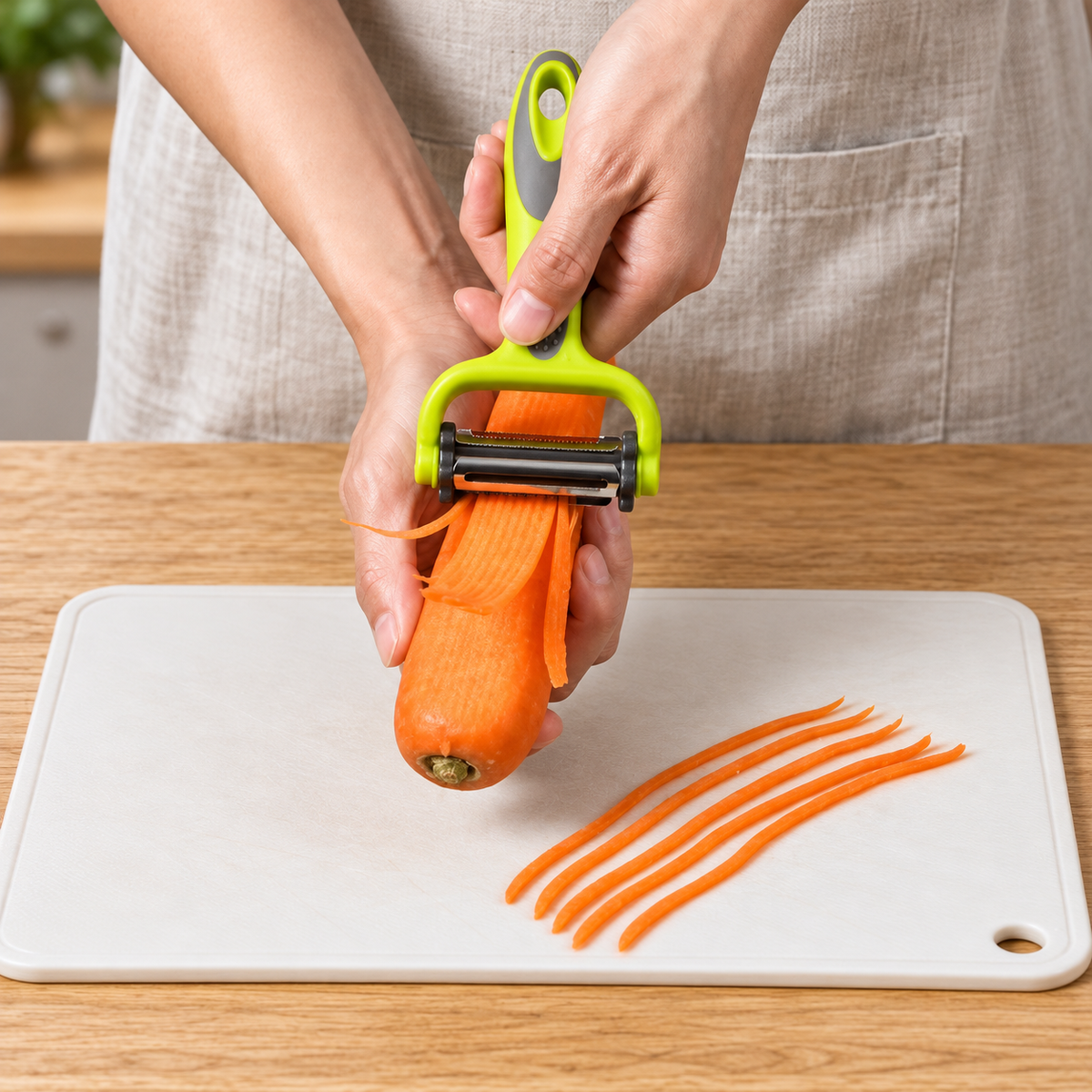 Green and gray three-in-one peeler used to prepare carrot strips