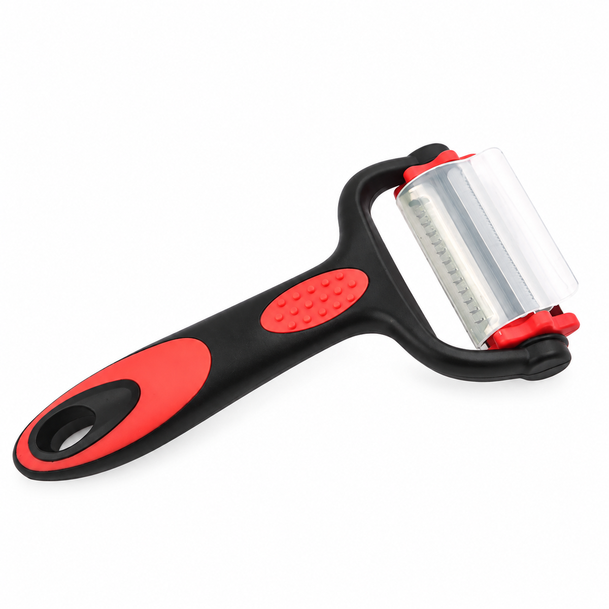 Black and red peeler with fitted cover on white