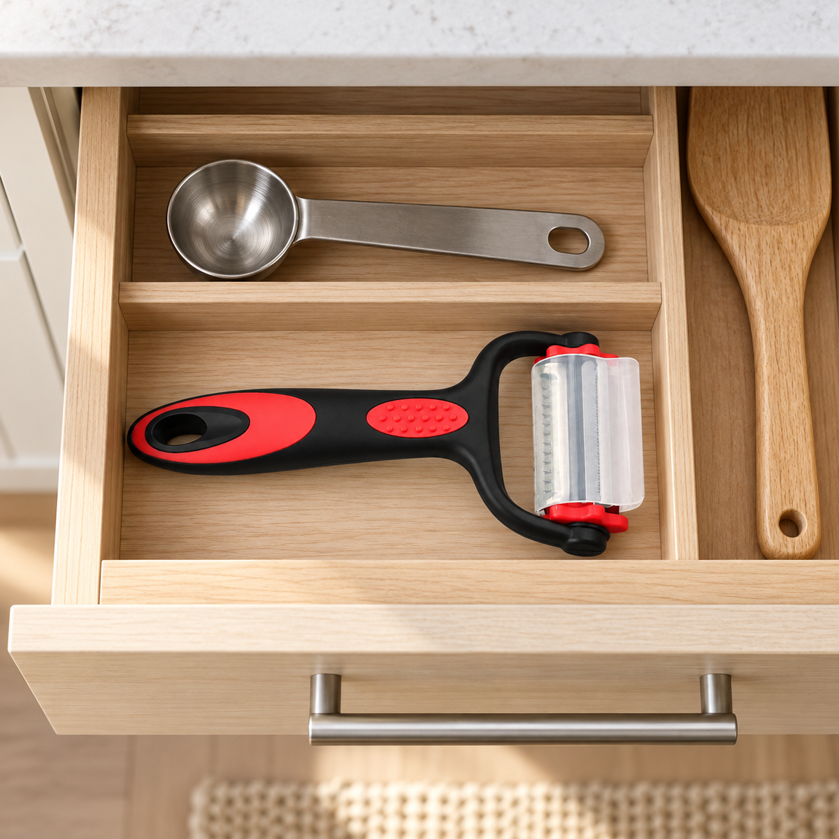 Black and red three-in-one peeler with fitted protective cover stored in a kitchen drawer; other utensils not included