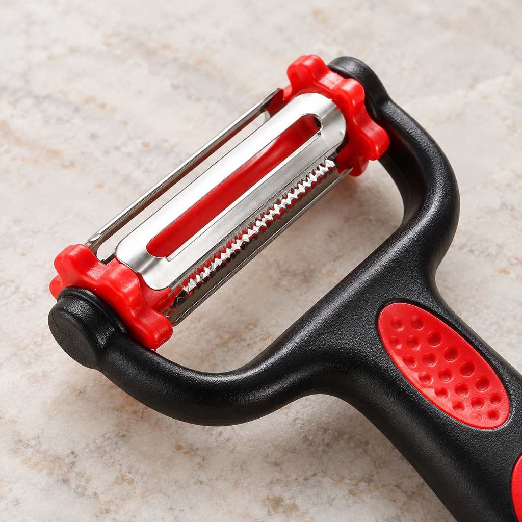 Black and red three-in-one peeler uncovered stainless blade head and side supports