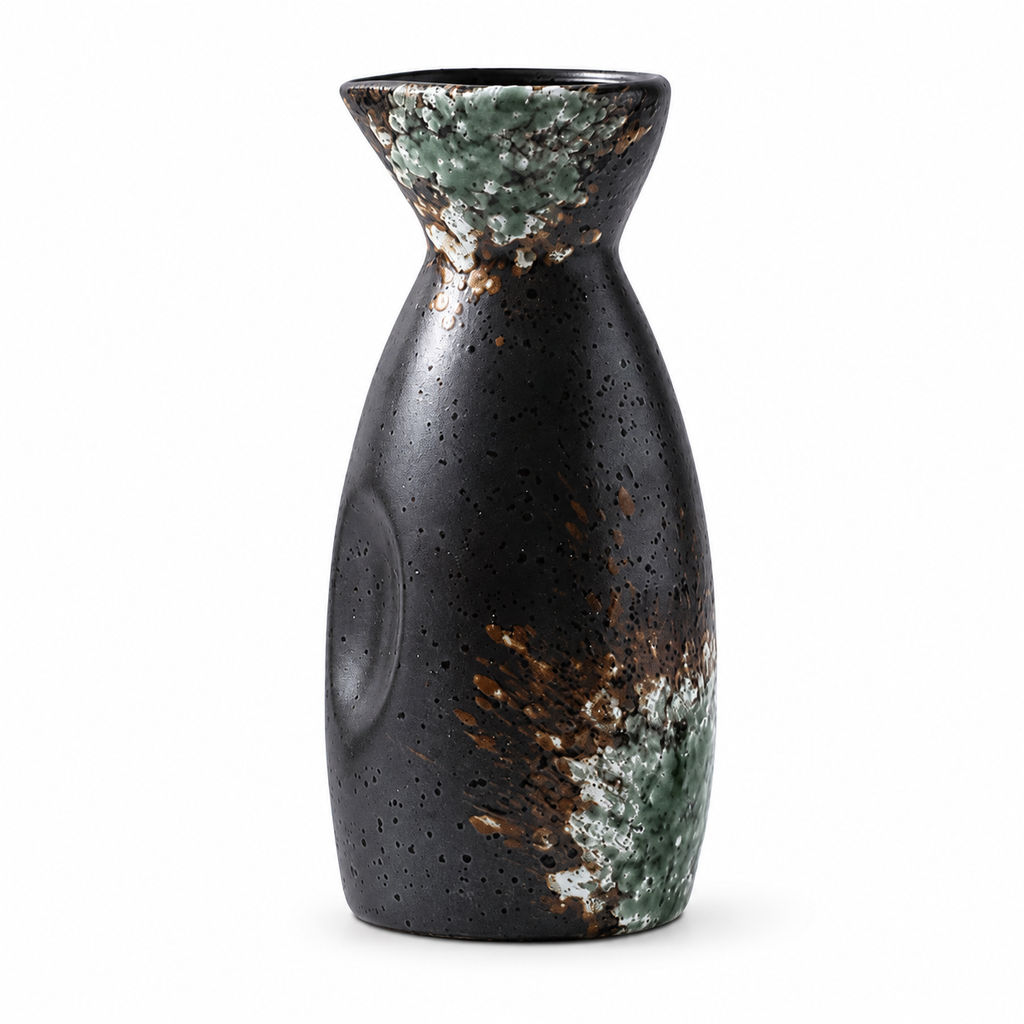 Spring green glazed ceramic sake bottle on white