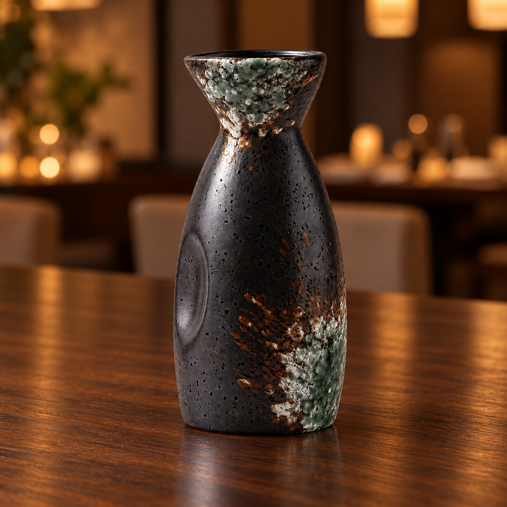 Spring green ceramic sake bottle styled on a softly lit dining table