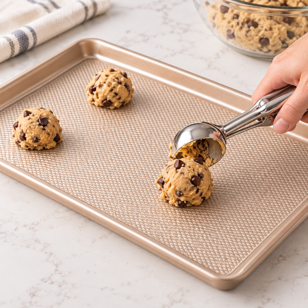 Cookie dough being scooped onto rectangular gold diamond-textured baking sheet