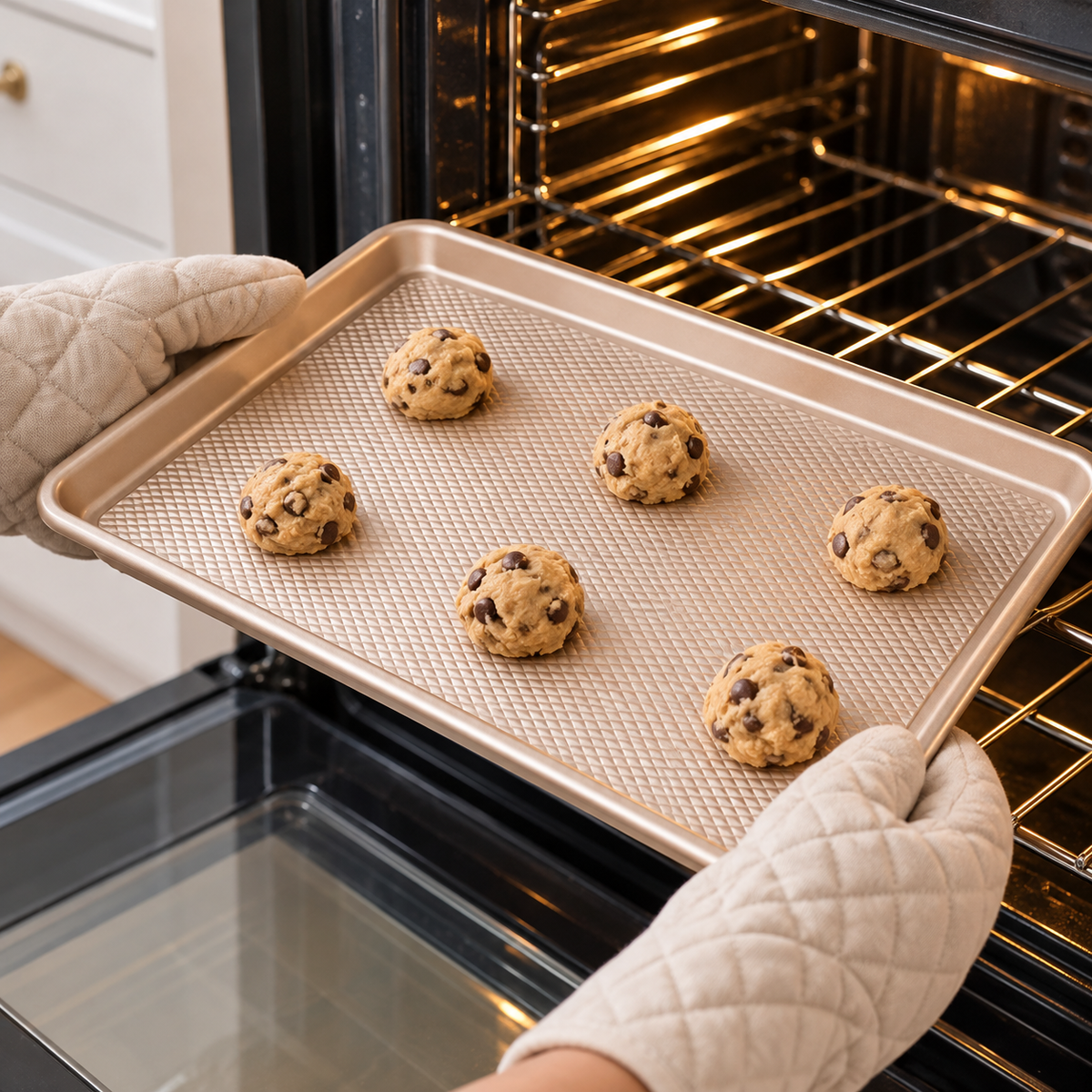 Oven-mitted hands placing rectangular gold baking sheet on oven rack
