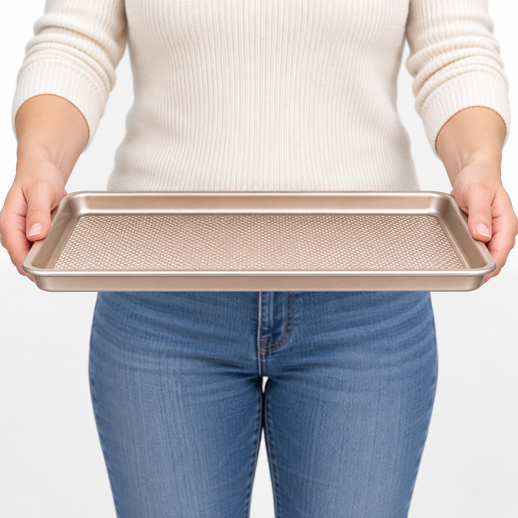 Shallow rectangular gold baking sheet held to show rim profile