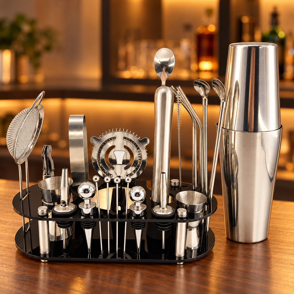 Boston shaker tins and bar tools styled on a warm home bar counter