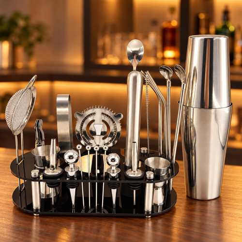 Boston shaker tins and bar tools styled on a warm home bar counter