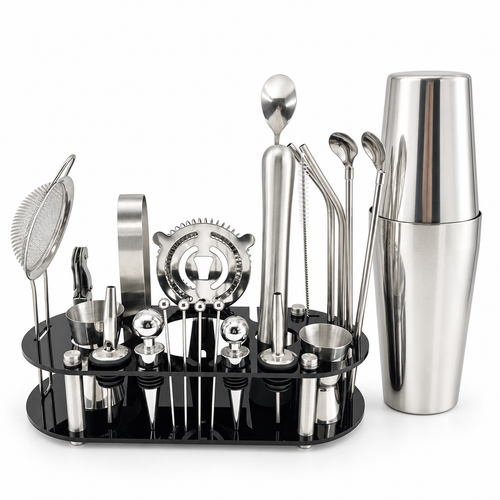 Boston shaker tins and bar tools in black acrylic rack on white