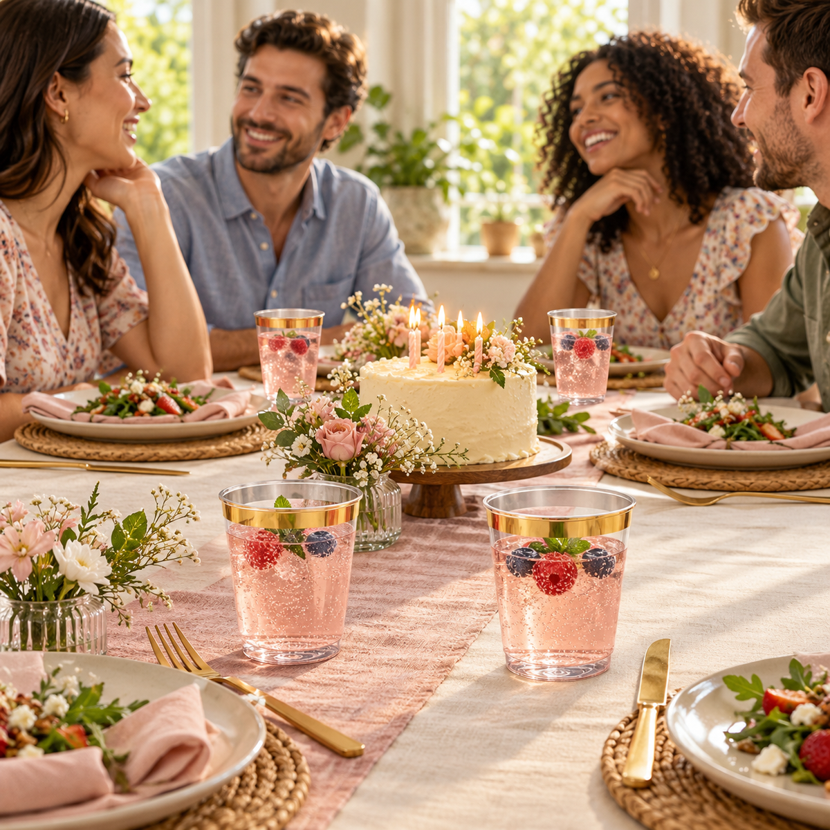 Clear gold-rim party cups styled with sparkling drinks at a celebration dinner. Drinks, food, tableware and decor are not included.