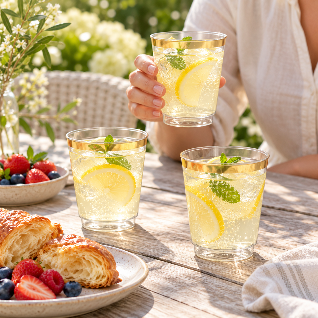 Clear gold-rim party cups styled with lemonade at an outdoor brunch, including a cup held by an adult. Drinks, food and decor are not included.