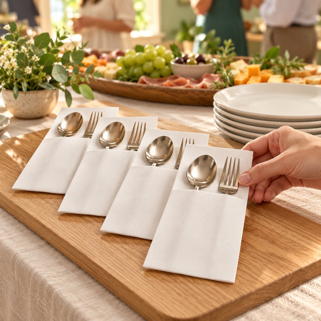 White cutlery pouches styled with spoons and forks at a buffet station. Cutlery, plates, board, food and decor are not included.