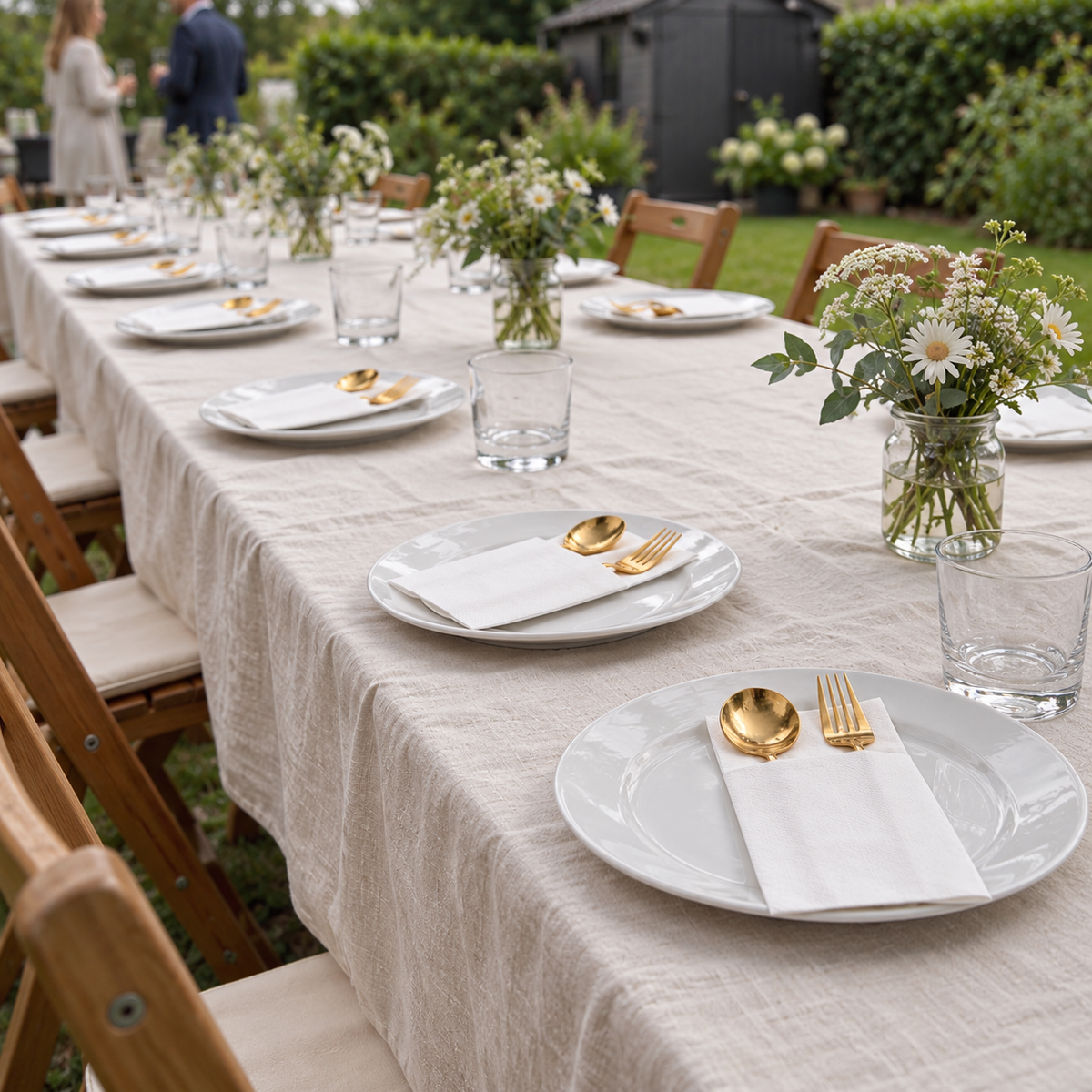 White cutlery pouches styled at a natural-daylight banquet table. Cutlery, tableware and decor are not included.