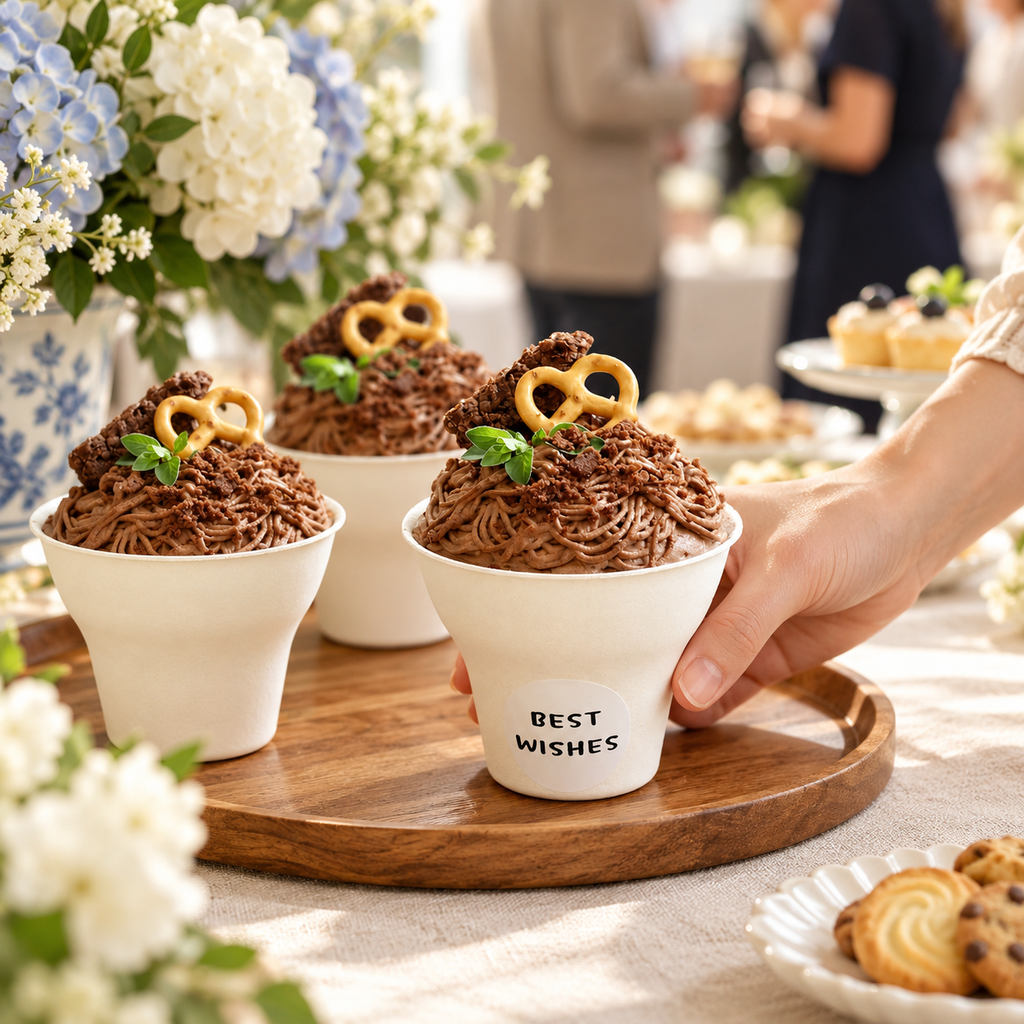 Handle-free off-white dessert cups with a white BEST WISHES sticker styled with chocolate dessert at a buffet. Dessert, tray and decor are not included.