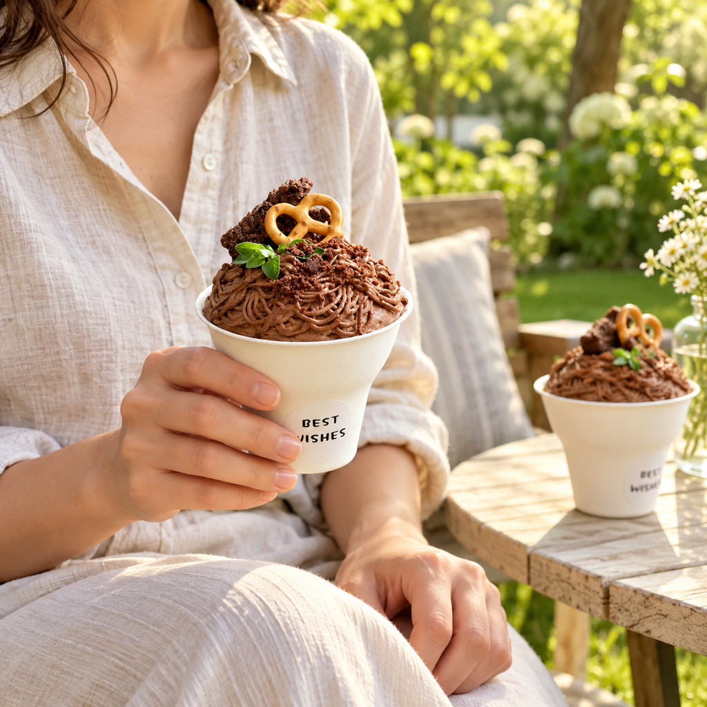 Adult holding a handle-free off-white dessert cup with a white BEST WISHES sticker in a garden setting. Dessert and decor are not included.