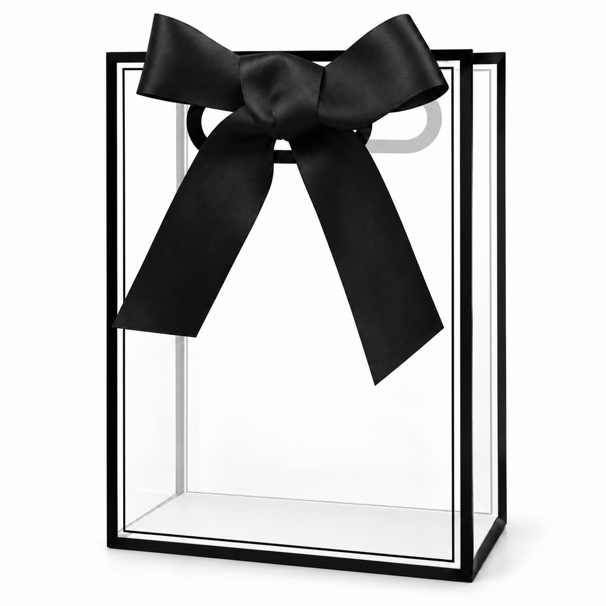 Clear black-edged gift bag with die-cut handles, black bow and pale base liner on white