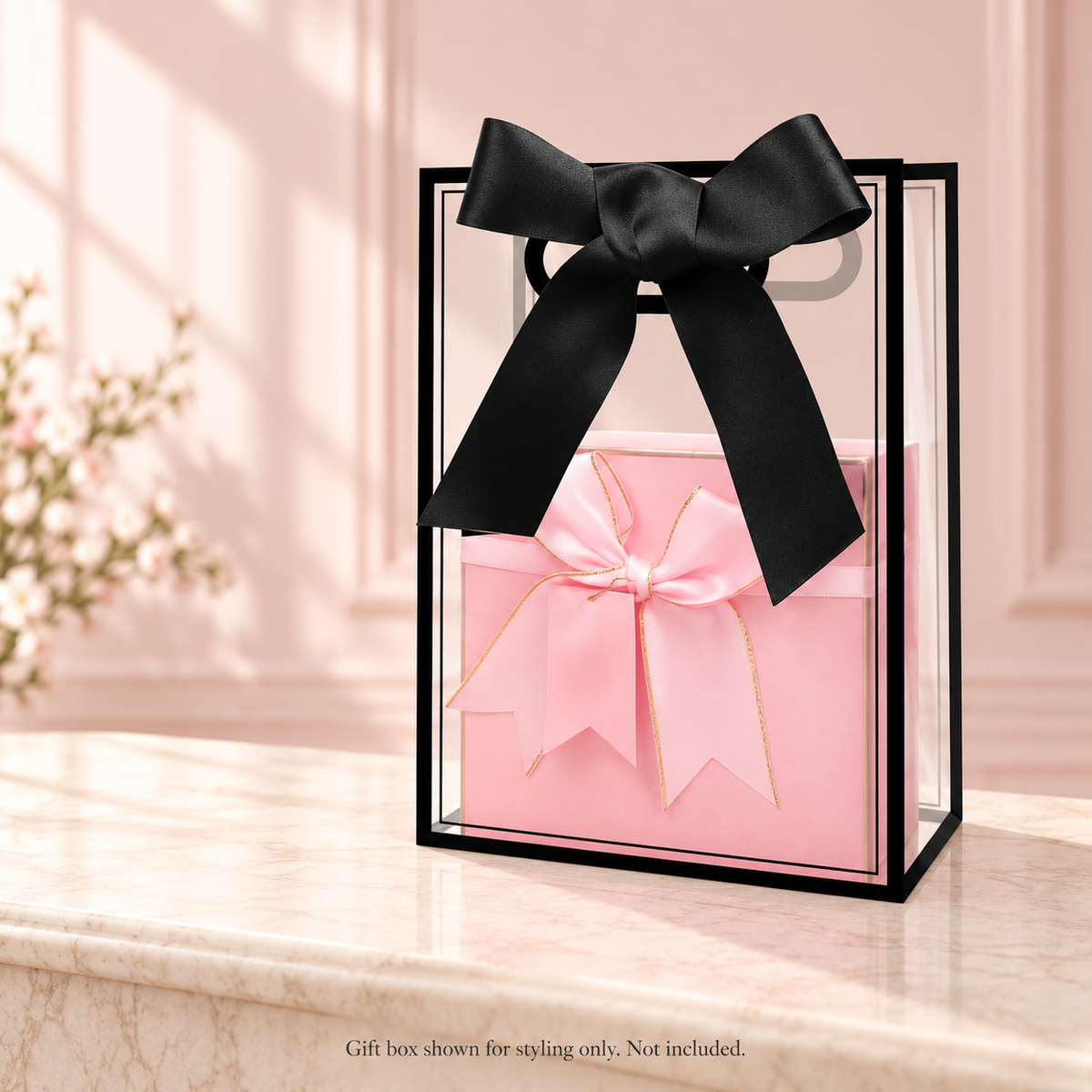 Clear black-edged gift bag styled with a pink gift box; contents not included