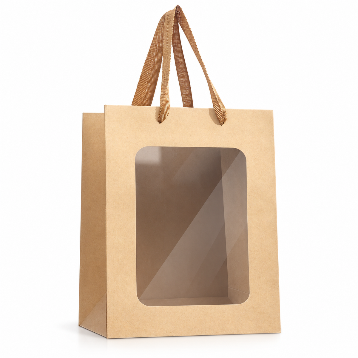 Brown kraft gift bag with a clear front window and fabric handles on white