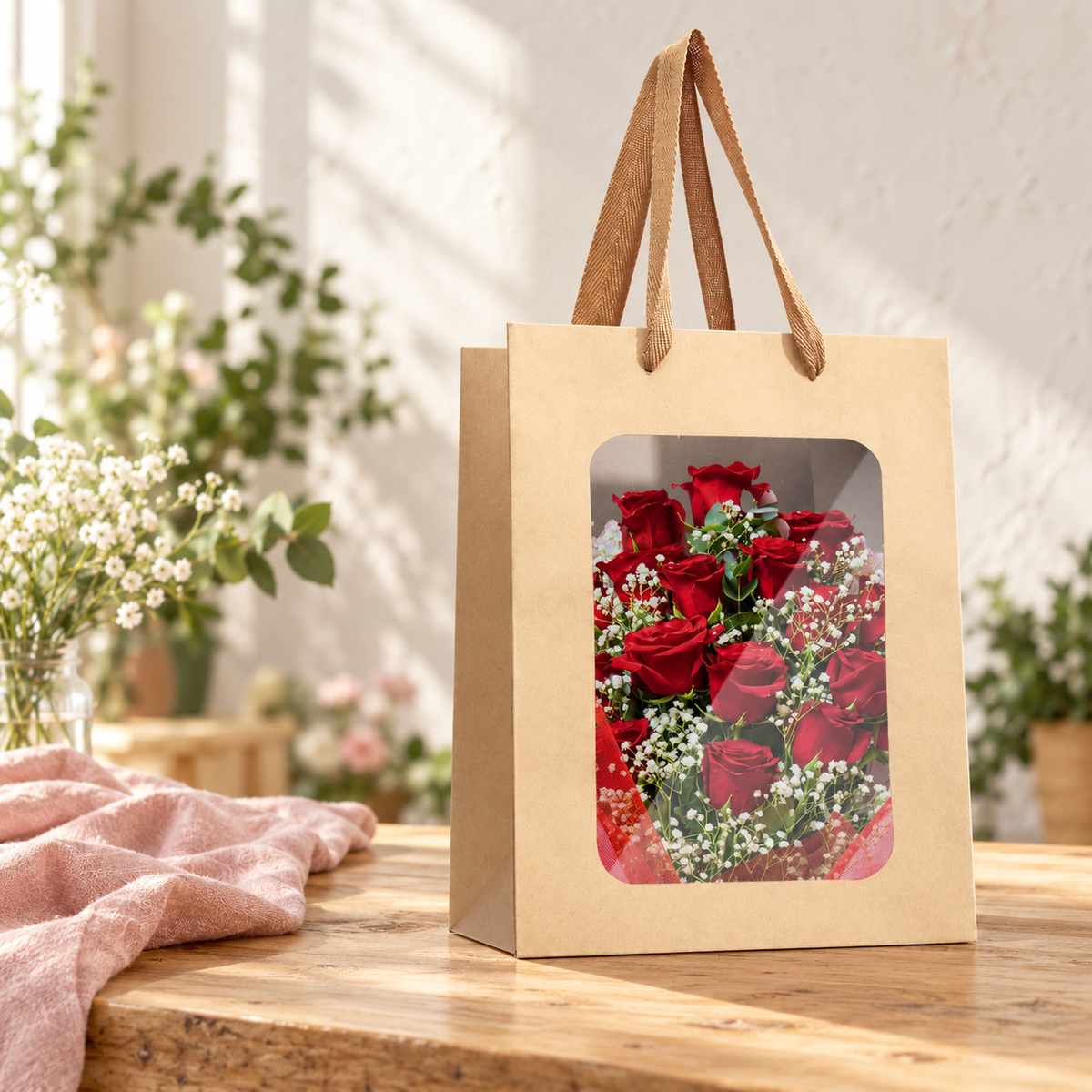 Brown window gift bag displaying flowers on a natural table; flowers are styling props