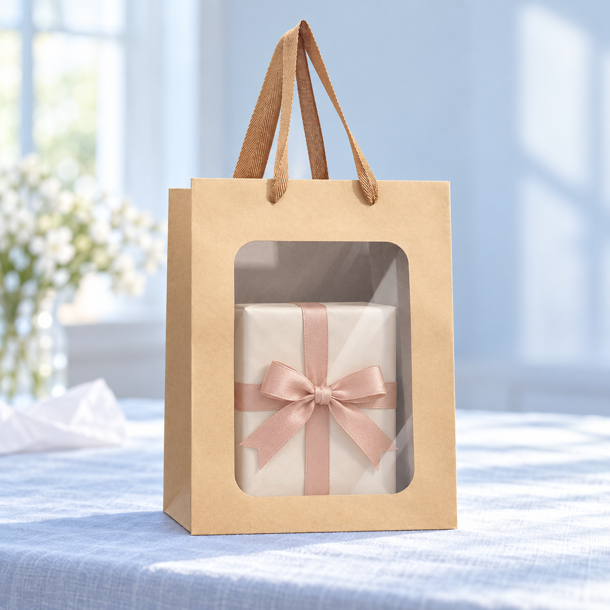 Brown window gift bag displaying a wrapped present; present is a styling prop